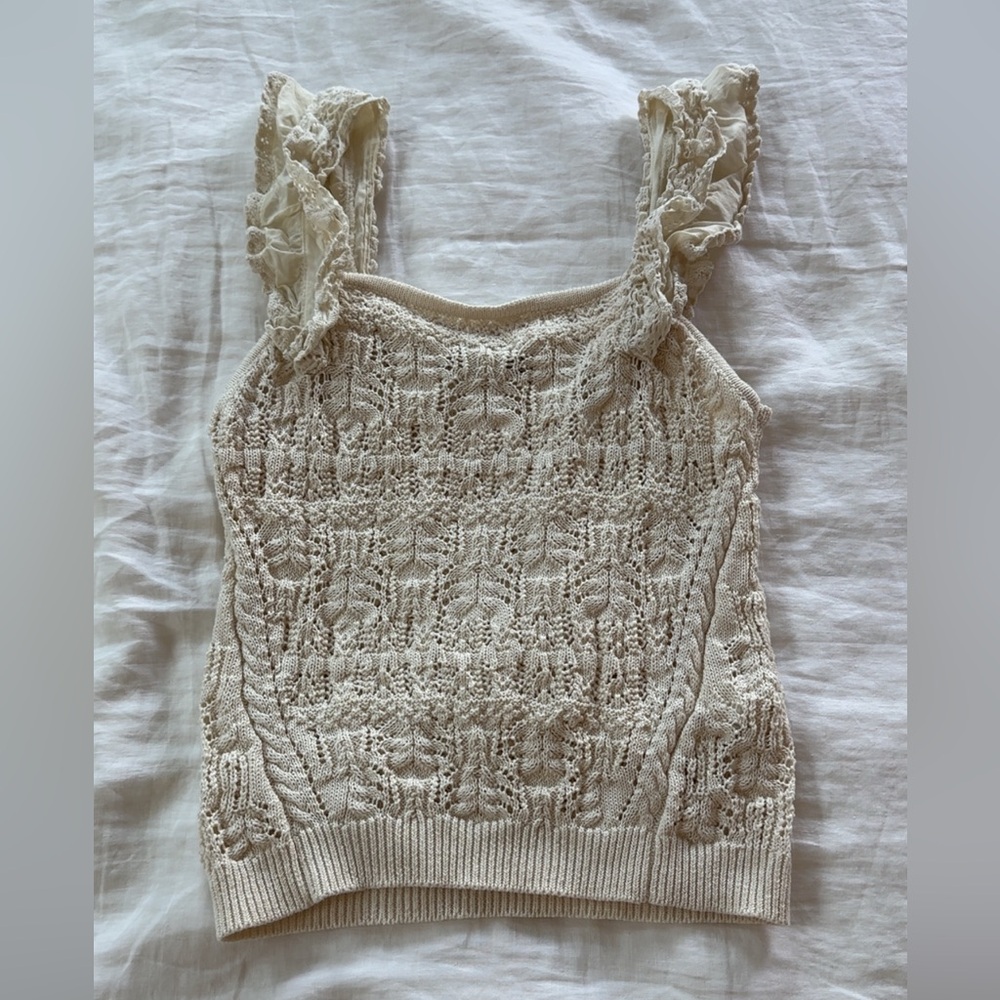 Dex Cream Ruched Lace Ribbed Sleeveless Knit Tank Top
